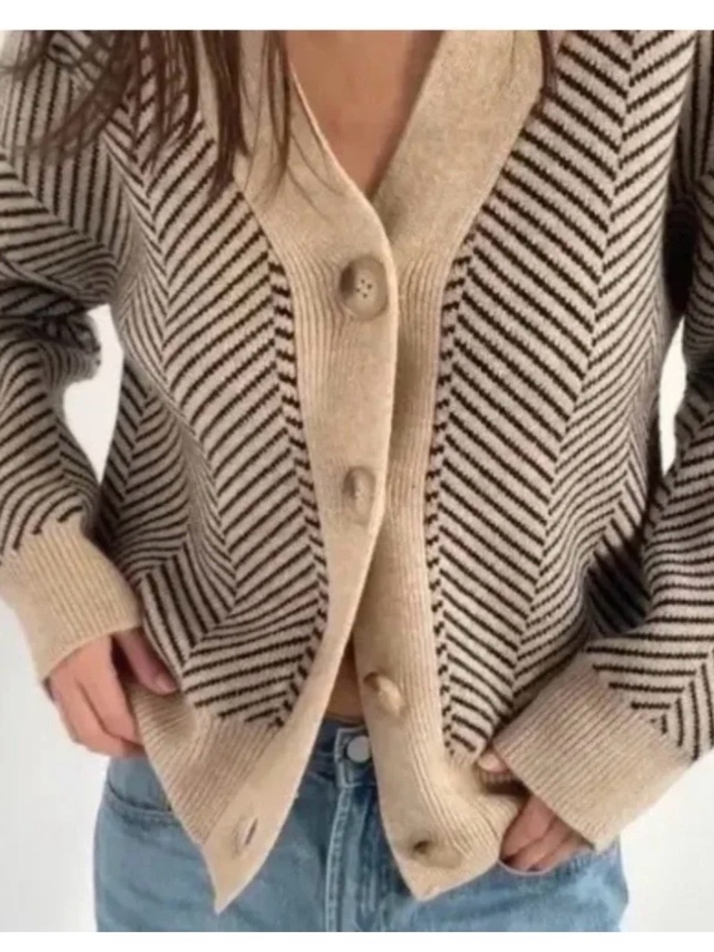 OAK + FORT Herringbone Cardigan - Size S, Beige